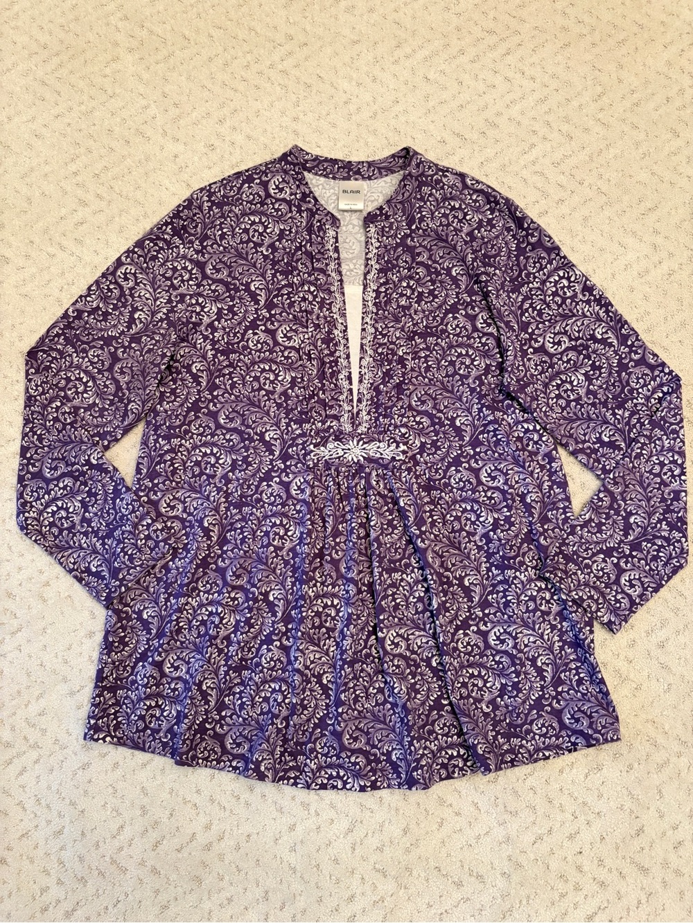 Blair Long Sleeve Tunic Top Size L Purple White Relaxed Babydoll Flare Easy Care